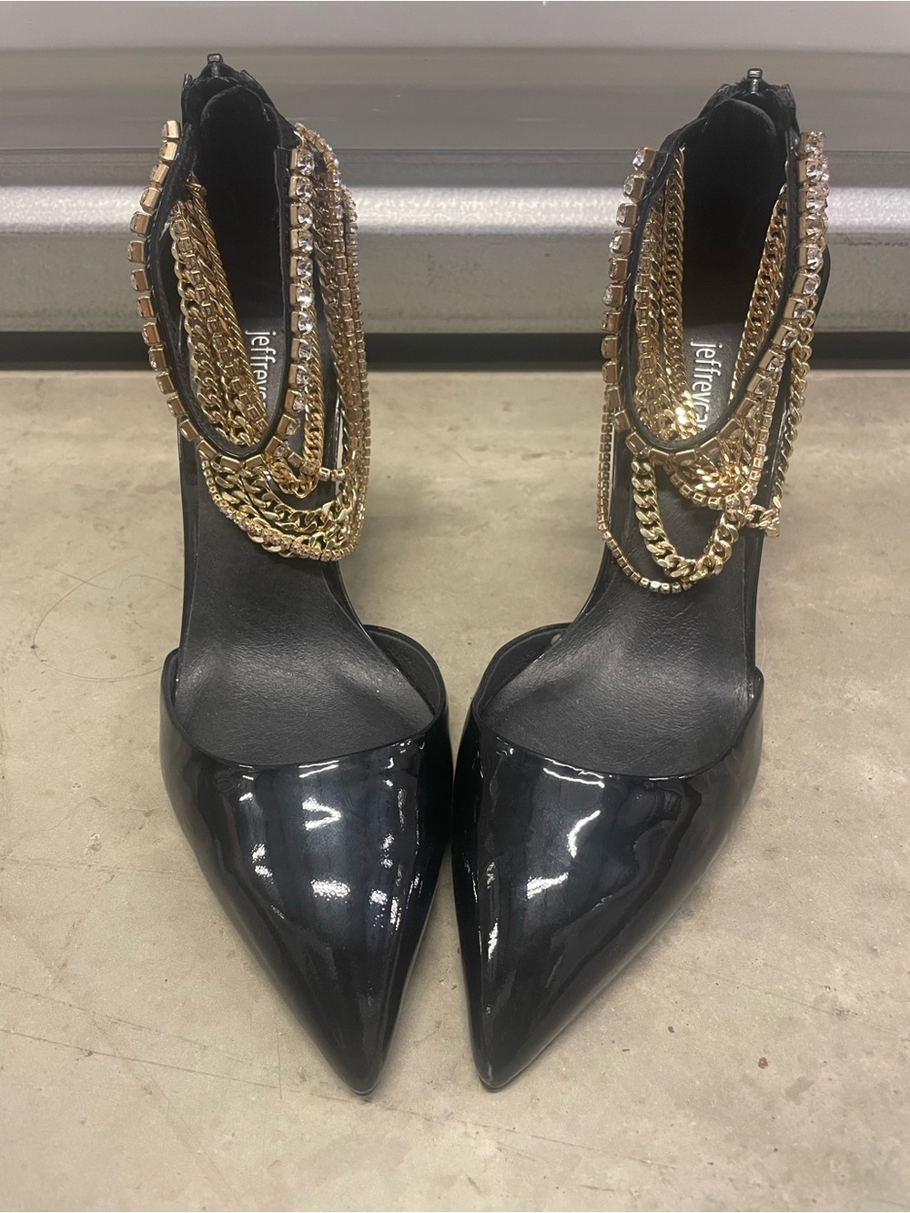 Jeffrey Campbell Black Patent Pointed Toe Heels with Gold Chain Drapes